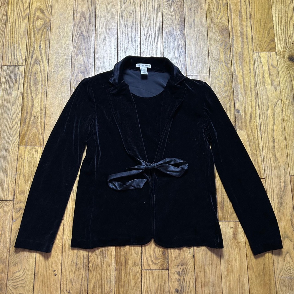 Notations Womens Black Velvet‎ Blazer Jacket Satin Tie Front M